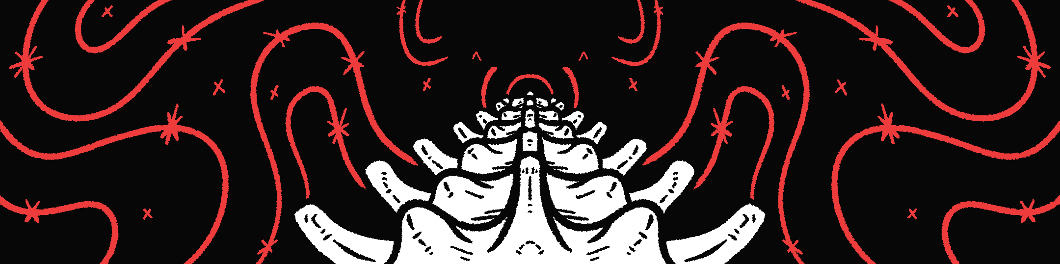 Illustration of a great, white spine that shrinks into the distance. Surrounding it is a dark, black sky, with cosmic swirls and bloody stars.